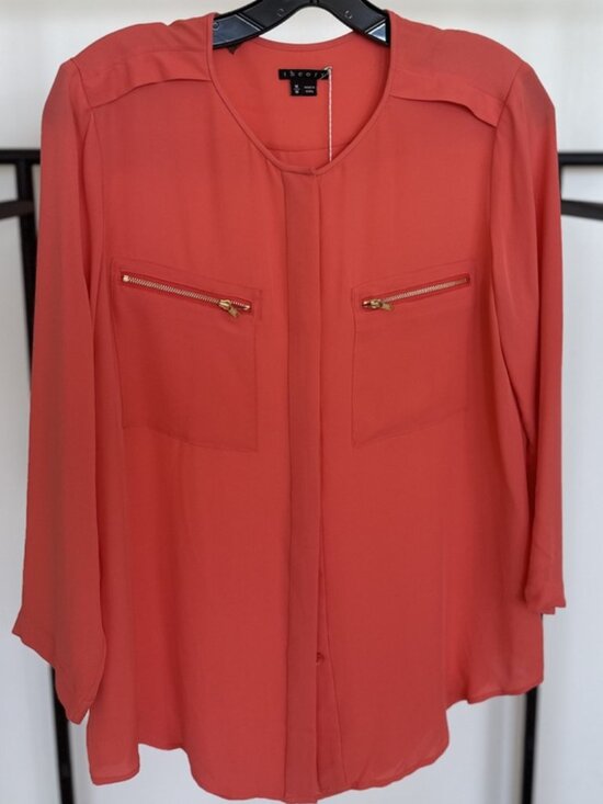Theory Tops - Theory Coral Silk Blouse Gold Zip Pocket Detail 3/4 Sleeve Size M